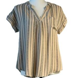 Sweet Wanderer V-Neck Cap Sleeves Popover Top Women Size M Beige Black Stripe